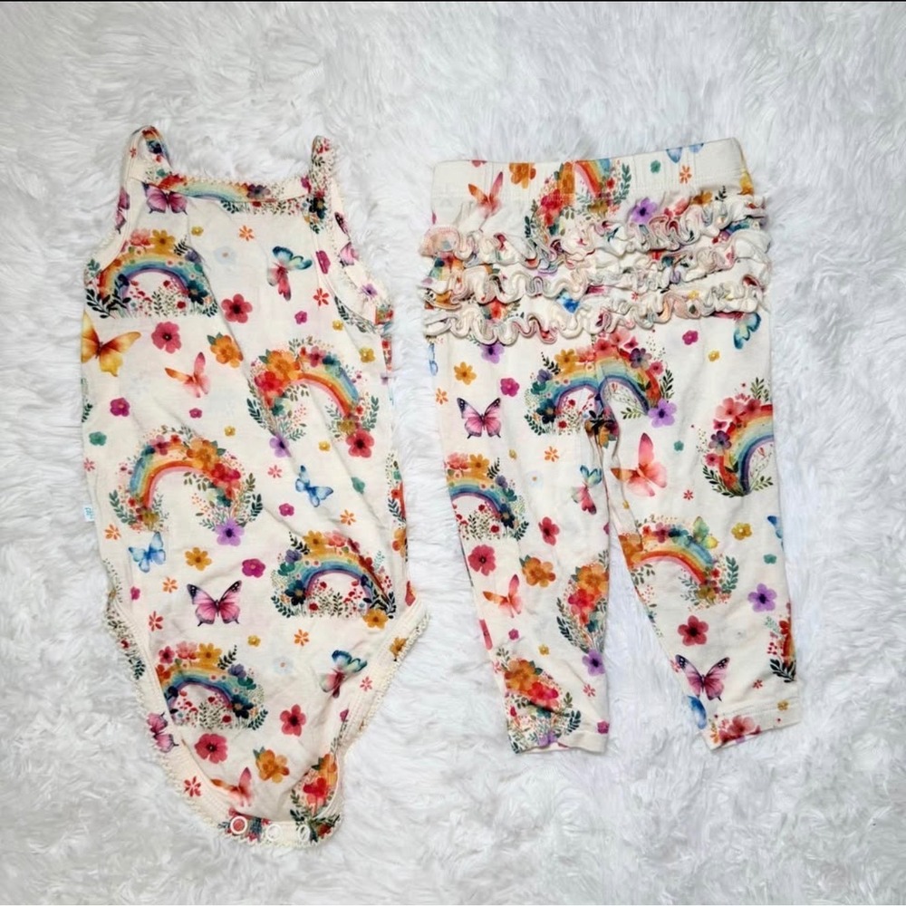 Posh Peanut Rainbow Butterfly Floral Bodysuit & Ruffle Leggings Set 3-6 Months